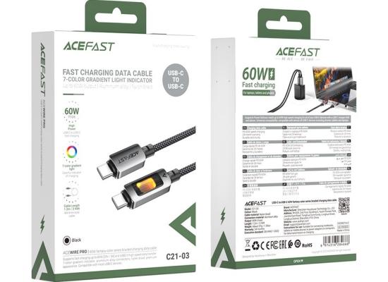 ACEFAST C21-03 1.2m USB C to USB C Cable 60W Charging Data Transfer Braided Cord with Colorful Light - Black